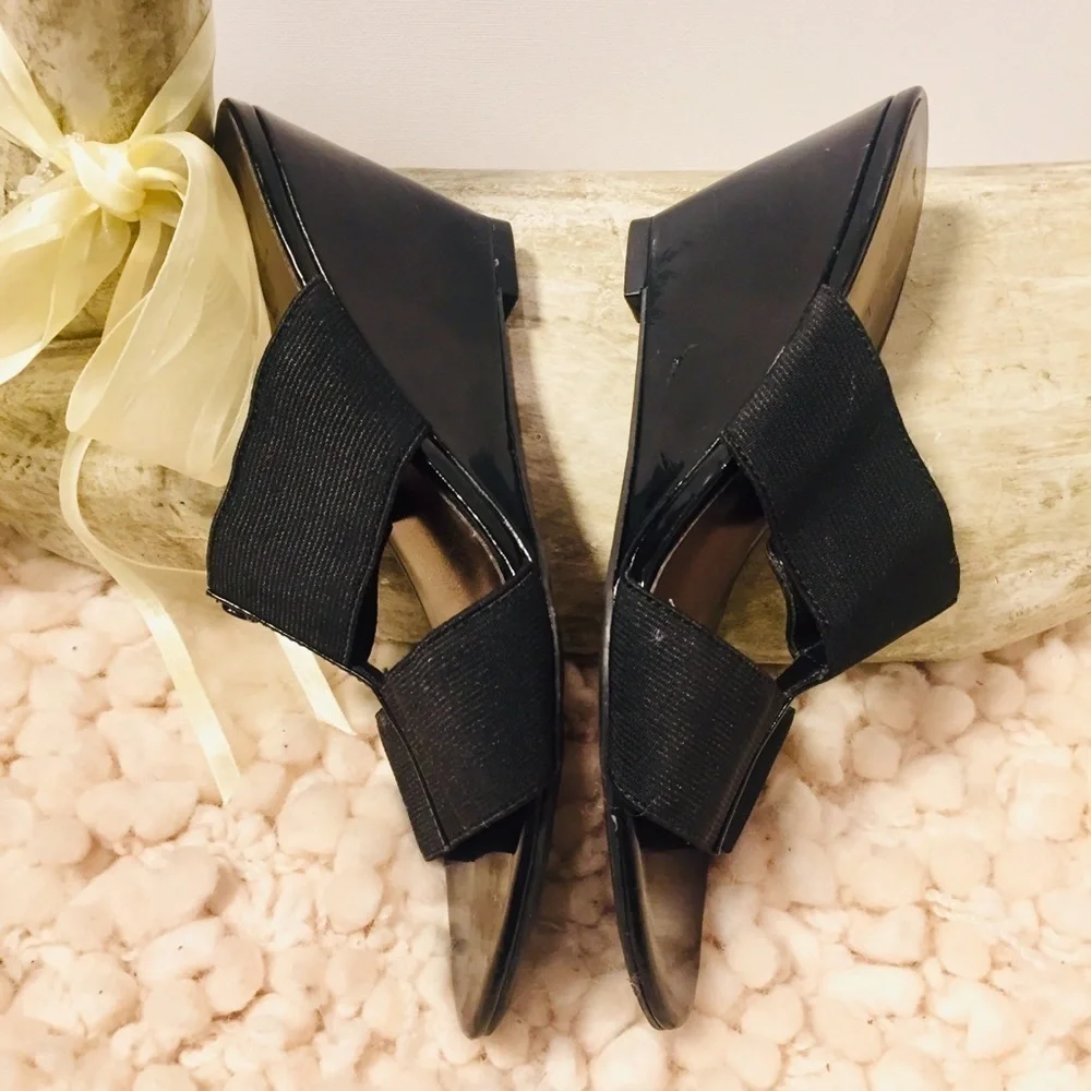 Etienne Aigner | Black Patent Leather Wedge Open Toe Heels 6